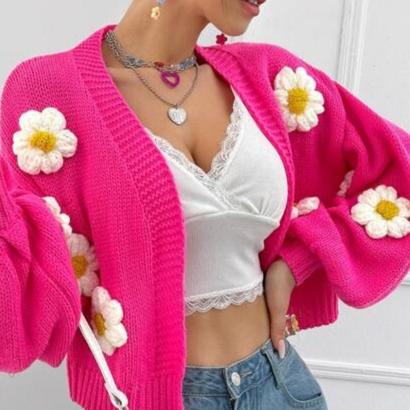 Hot Pink Floral Bishop Sleeved Sweater Cardigan - Picture 8 of 8